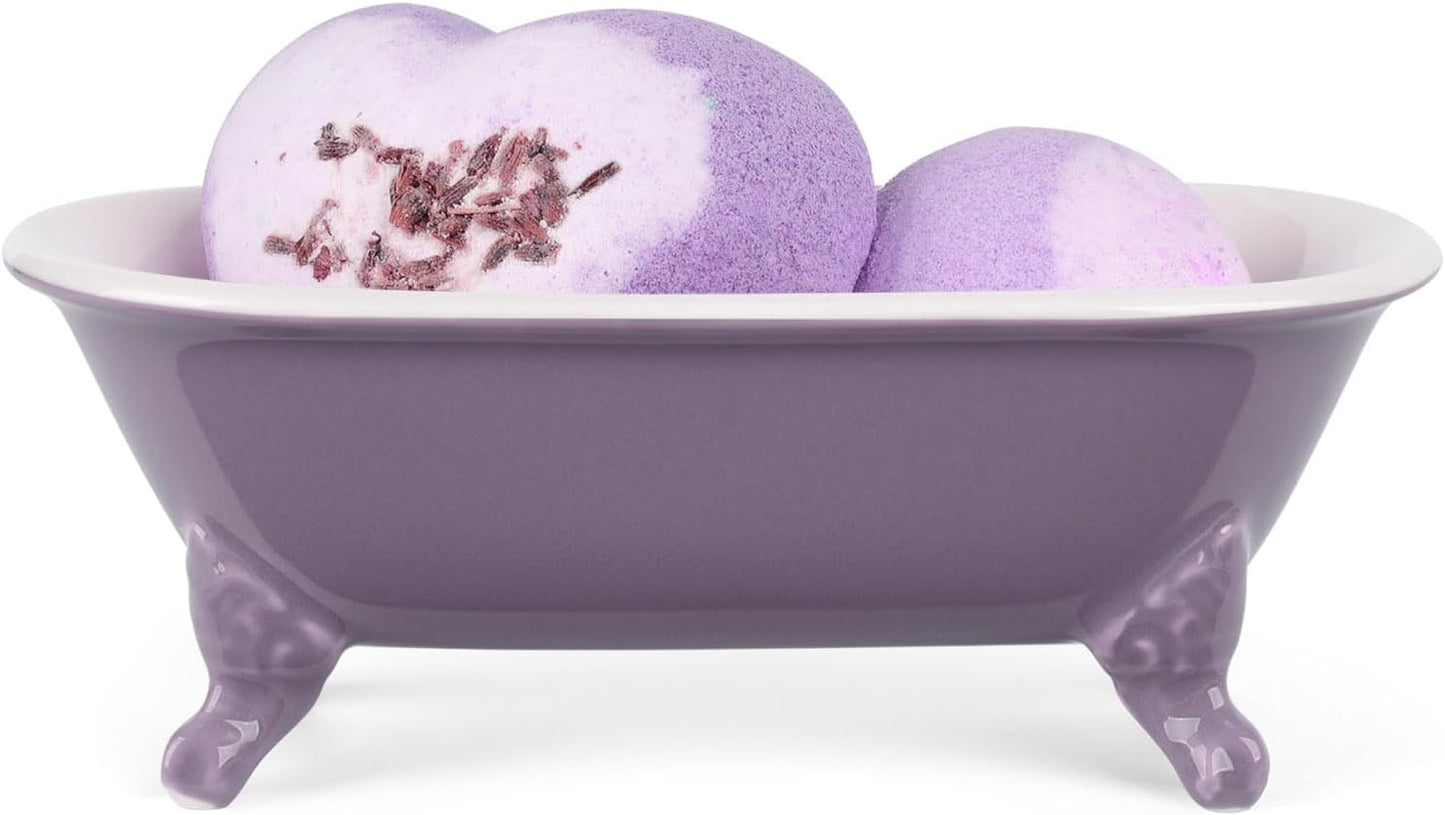 6.5" Ceramic Mini Decorative Clawfoot Bathtub Bar Soap Dish, Kitchen Sponge Holder and Shower Tray for Bathroom, 1 Pack(Lavender)