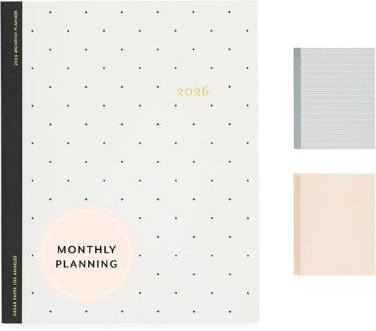 Sugar Paper 2026 Monthly Planner, January to December, 8" x 10", Calendar for Women, Flexible Matte Paper Cover, Fabric Tape Stitch Binding, 12 Month, Black Swiss