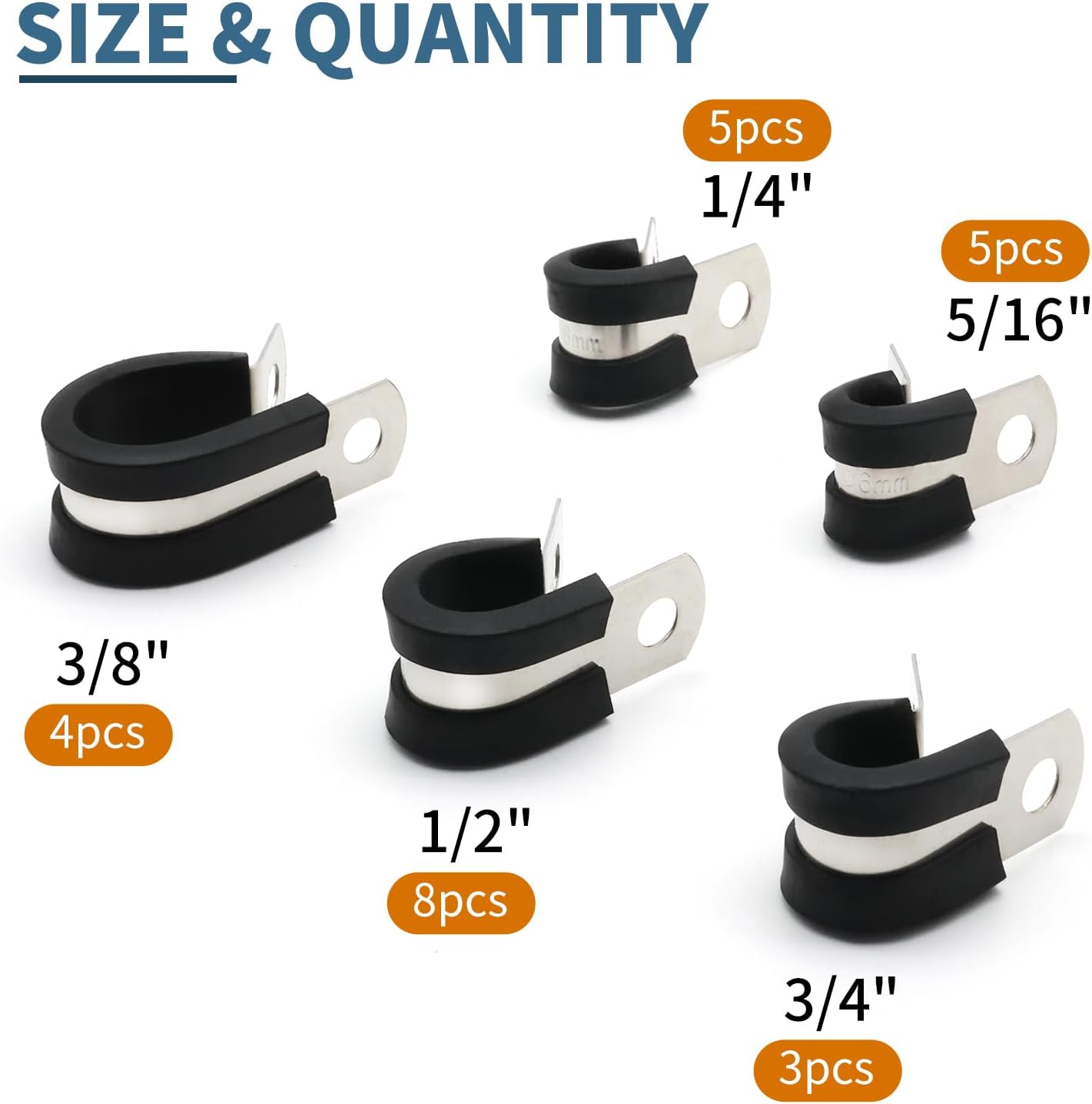 Cable Clamps Assortment Kit, 25 Pack Stainless Steel Rubber Cushion Pipe Clips (1/4'' 5/16'' 3/8'' 1/2'' 5/8'' 3/4'' inch)