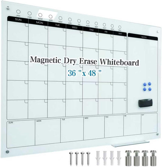 Magnetic Glass Whiteboard Calendar 48"x36" Glass Dry Erase Calender Board 36"x48" Monthly Plan White GlassBoard Wall Mounted for Office School Home (White)