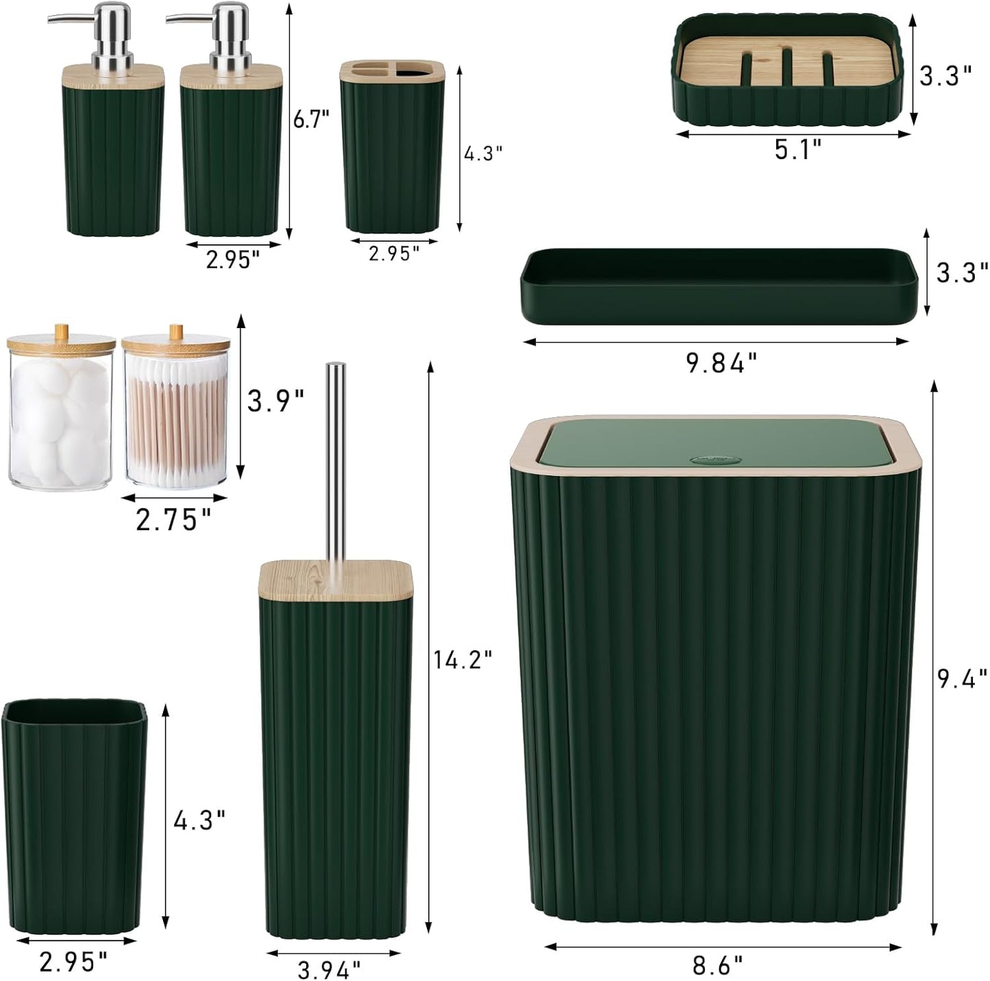 Bathroom Set - Elegant Green Bathroom Set, 10PC Green Bathroom Accessories Set, Bathroom Sets with Toilet Brush, Bathroom Trash Can