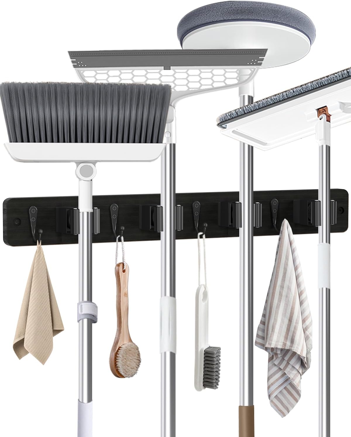 AceMining Broom Holder Wall Mounted, Black 4 Holders and 4 Hooks Mop Holder, Wooden Mop and Broom Holder with Anti slip rubber, Natural pine wood Brush Holder, Mop Wall Holde with Nail installation