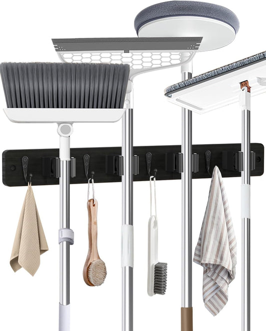 AceMining Broom Holder Wall Mounted, Black 4 Holders and 4 Hooks Mop Holder, Wooden Mop and Broom Holder with Anti slip rubber, Natural pine wood Brush Holder, Mop Wall Holde with Nail installation