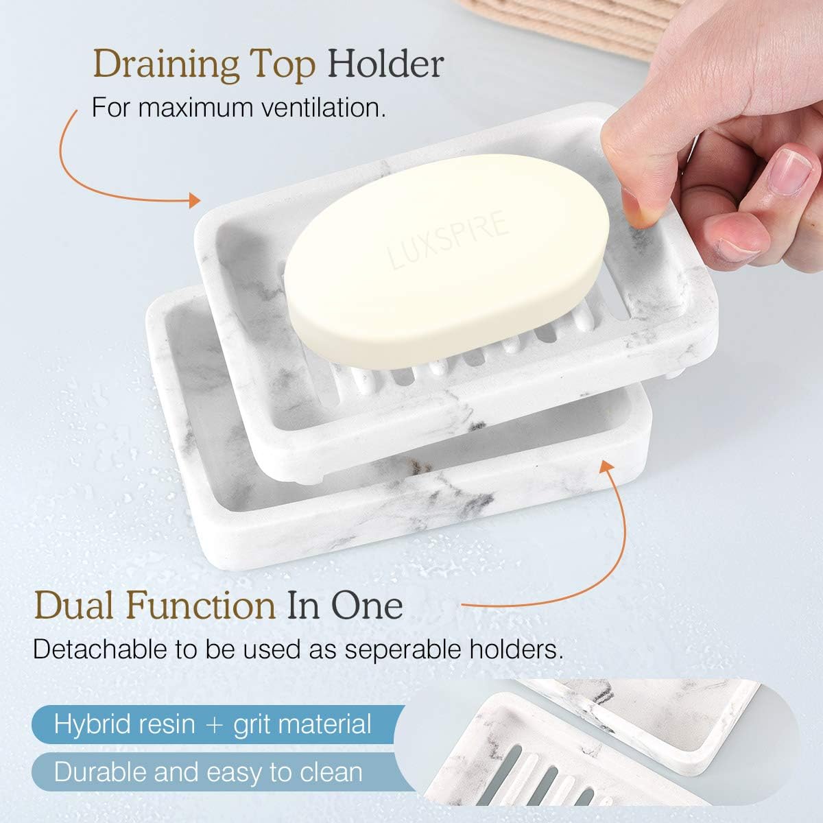 Luxspire Soap Dish Tray, Double Layer Draining Sponge Holder, Detachable Container Box for Bathroom Shower, Kitchen Sink Dish - White Marble
