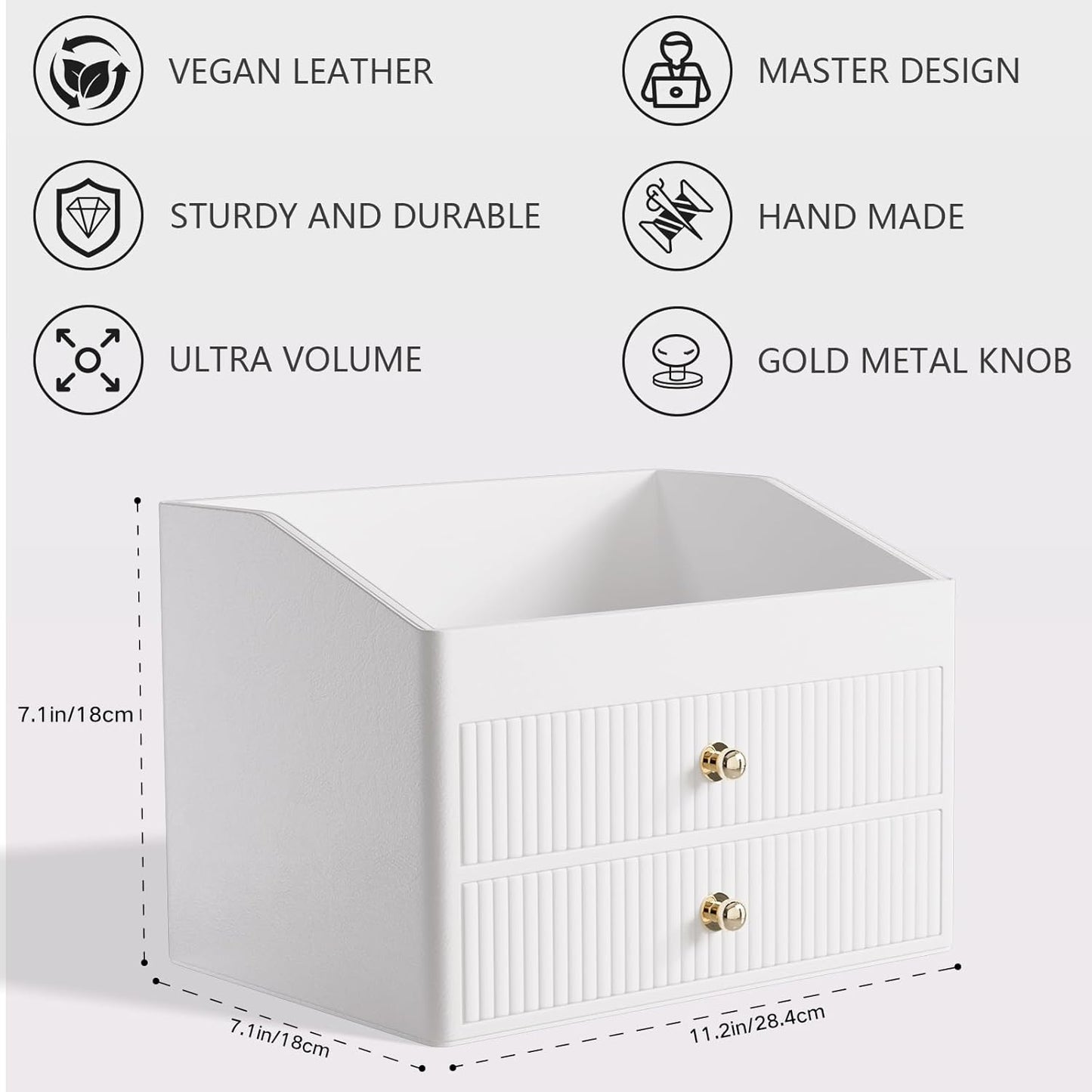 Desk Organizer,Beige White Vegan Leather Desk Accessories & Workspace Organizers with 2 Drawers & Tray,Key Holder with Gold-Tone Metal Accents knob，Jewelry Box,Nightstand