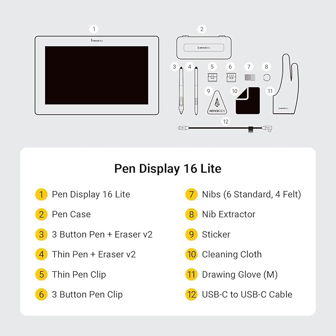 XENCELABS Pen Display 16 Lite, 4K OLED Drawing Tablet with Screen, Portable Graphic Drawing Display with 2 Battery-Free Pens for Windows/macOS/Linux