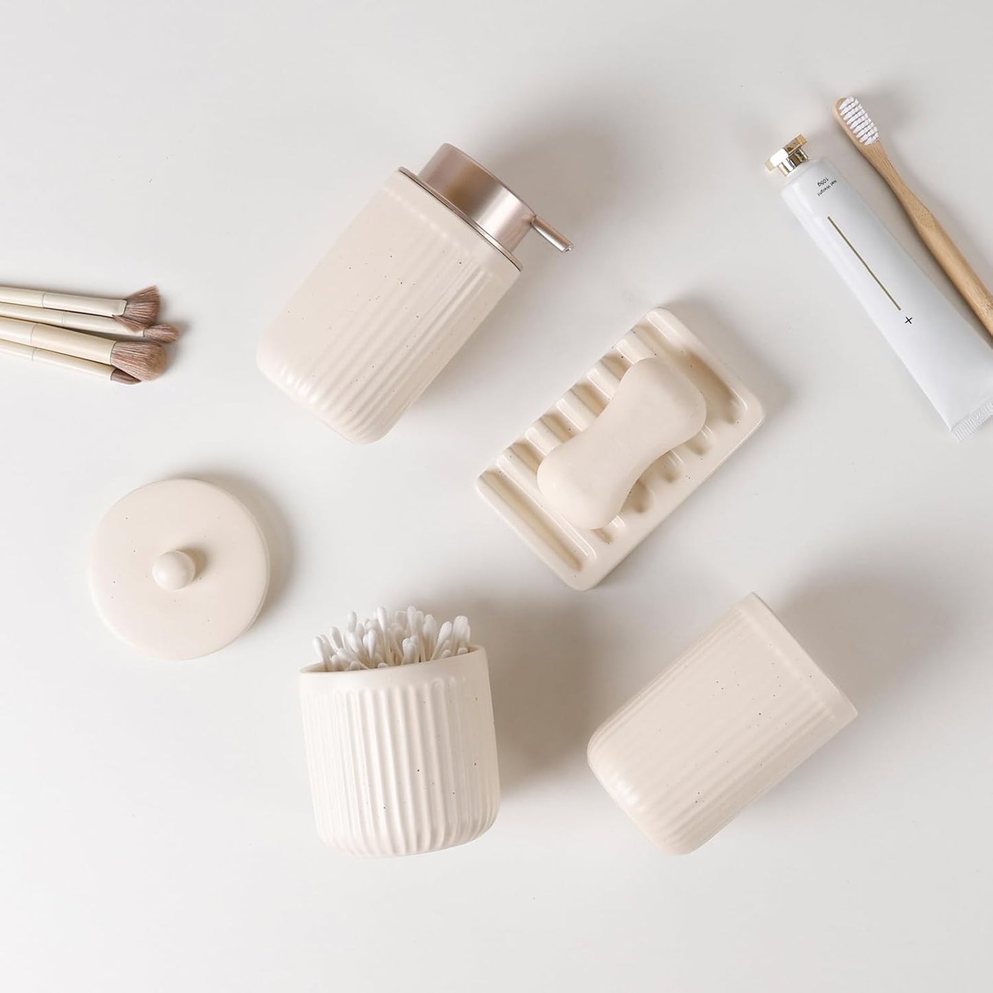 BosilunLife Bathroom Accessories Set - Ceramic Bathroom Set Bathroom Decor Sets Bathroom Counter Foam Soap Dispenser and Toothbrush Holder Set, Soap Dish, Apothecary Jar (Striped Apricot)