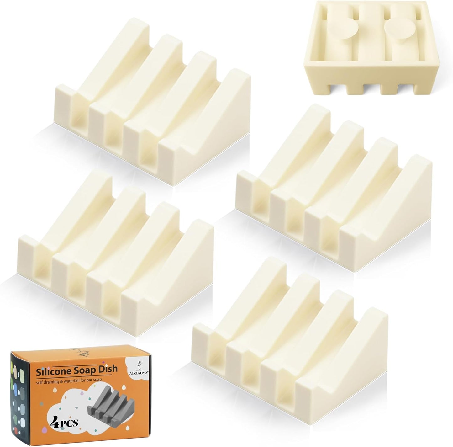 Silicone Soap Dish with Drain, Upgrade Double Suction Cups at The Bottom for Anti-Slip and Stability, Soap Dish Shower Waterfall Bar Soap Holder Tray with Drain Soap Holder (4, CreamWhite)