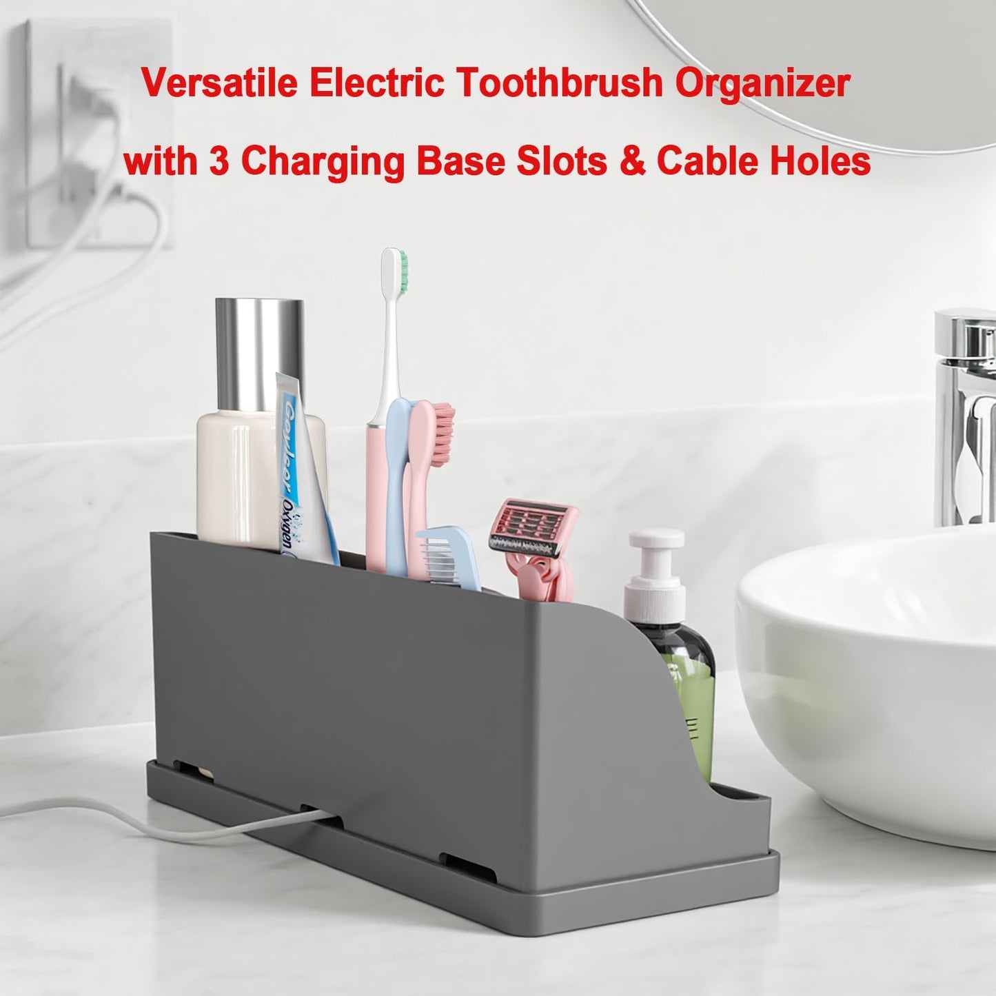 Large Silicone Bathroom Toothbrush Holder with Drainage, Electric Family Size Toothbrush Holder 7 Slots Countertop Toothpaste Holder Stand Organizer for Kids and Adult, Grey