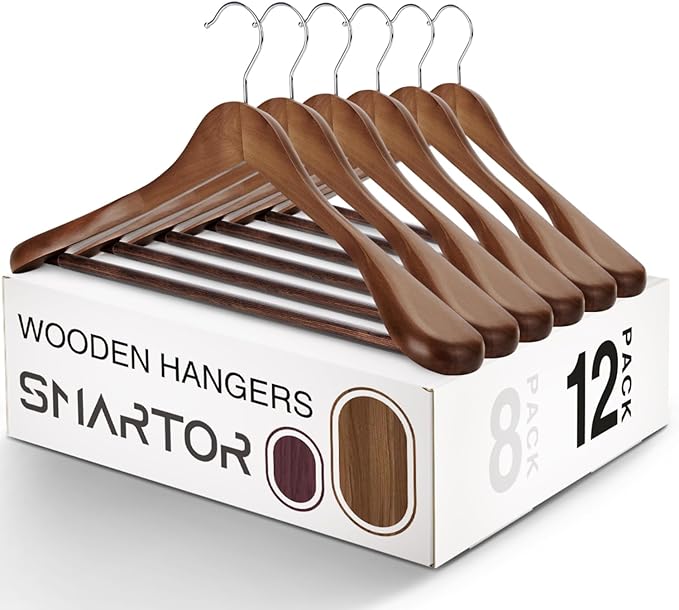 SMARTOR Suit Hangers for Men 12 Pack, Wide Shoulder Wooden Suit Hangers with Non Slip Pants Holder, Wide Hanger for Suit, Coat, Jacket, Gown, Heavy Duty Wood Suit Hanger, Walnut