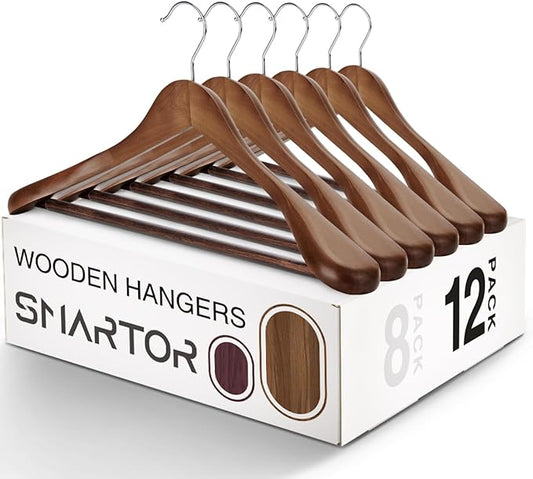 SMARTOR Suit Hangers for Men 12 Pack, Wide Shoulder Wooden Suit Hangers with Non Slip Pants Holder, Wide Hanger for Suit, Coat, Jacket, Gown, Heavy Duty Wood Suit Hanger, Walnut