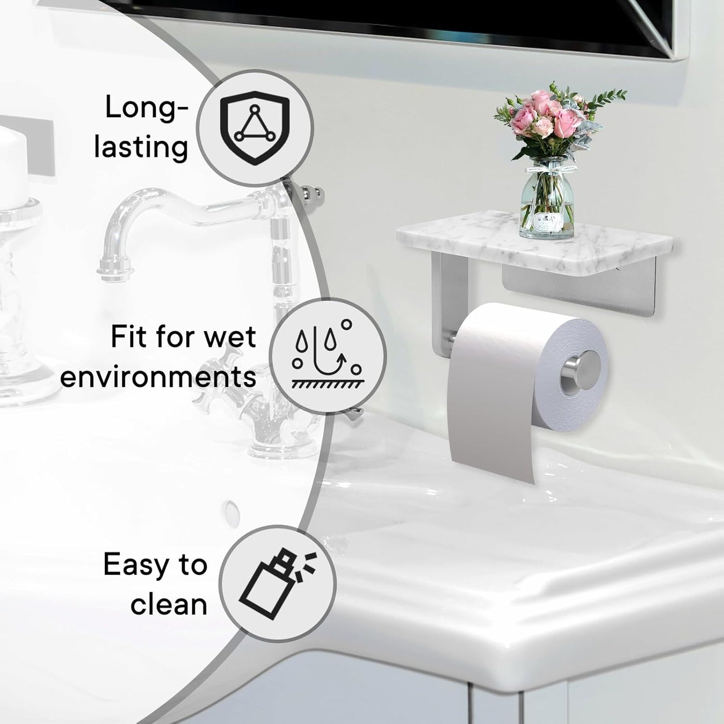 Toilet Paper Holder with Natural Marble Shelf for Bathroom Washroom,Wall Mounted Tissue Holder Suitable for Mega Roll (Brushed Nickel,Small 6.7 * 4.3 in)