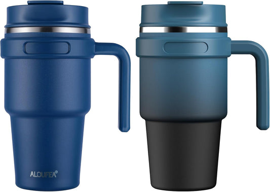 ALOUFEA 20 oz Insulated Coffee Mug Tumbler with Handle, Stainless Steel Travel Mug Tumbler with Lid and Straw,Double Wall Vacuum Leak Proof Ice Coffee Thermal Cup, Navy/Indigo Black