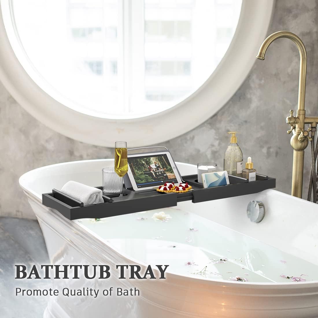 Bath Caddy Tray for Bathtub - Bamboo Adjustable Organizer Tray for Bathroom with Free Soap Dish Suitable for Luxury Spa or Reading(Black)