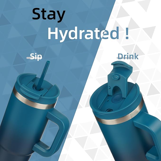 30 oz Tumbler with Handle and 2 Straws,2 in 1 Lid Insulated Water Bottle Stainless Steel Travel Coffee Mug,Indigo Black