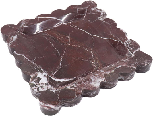 Square Marble Decorative Tray with Scalloped Edge, Luxury Natural Stone Bathroom Vanity Tray, Dresser Top Perfume Coffee Home Kitchen Sink Tray, Key Trinket Ring