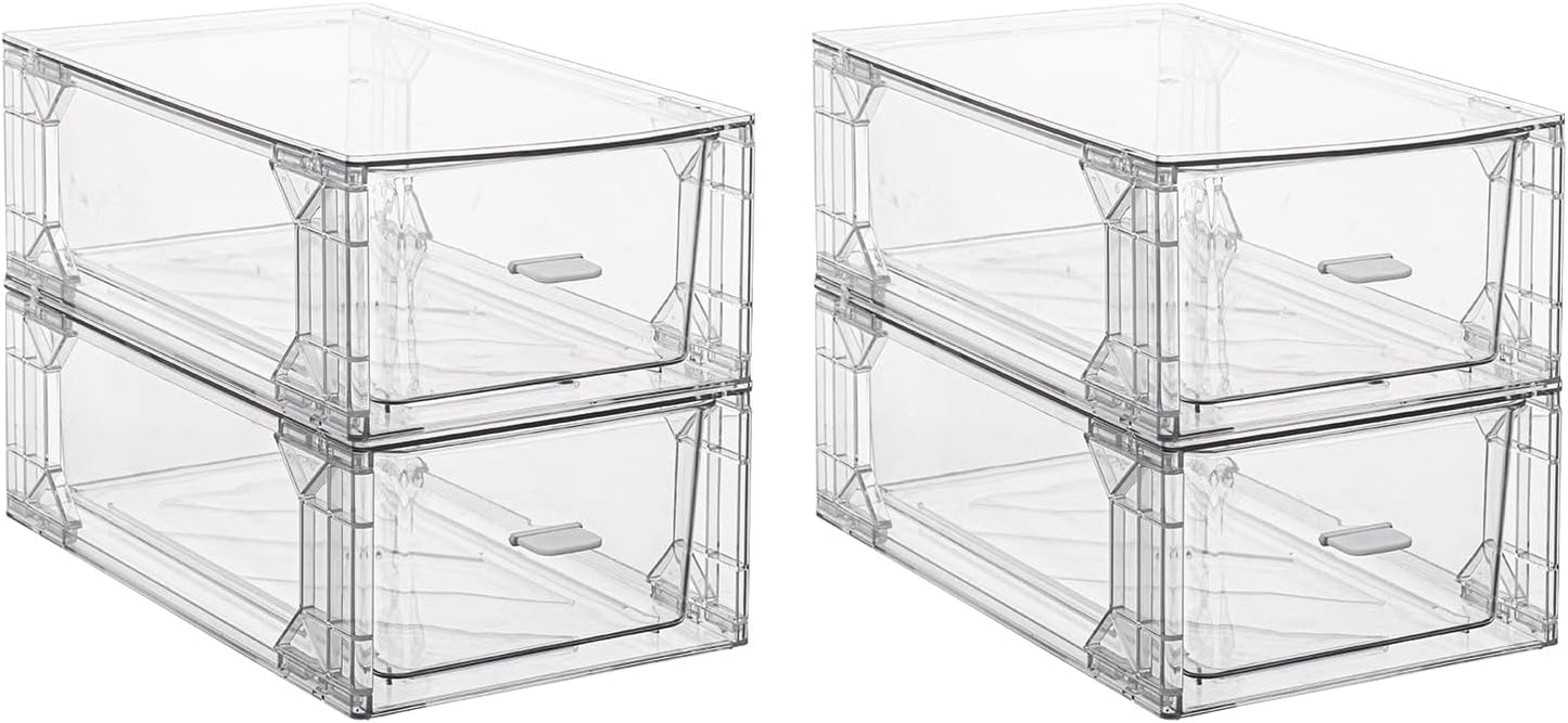 PeJeyiee Stackable Pull-Out Storage Drawers,Plastic Clear Organizer Bins with Handles,Easily Clean for Kitchen Undersink,Cabinet,Fridge,Closet,Pantry,Office,Bathroom,and Craft(Assemble 4 Pack)