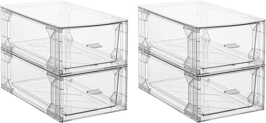 PeJeyiee Stackable Pull-Out Storage Drawers,Plastic Clear Organizer Bins with Handles,Easily Clean for Kitchen Undersink,Cabinet,Fridge,Closet,Pantry,Office,Bathroom,and Craft(Assemble 4 Pack)