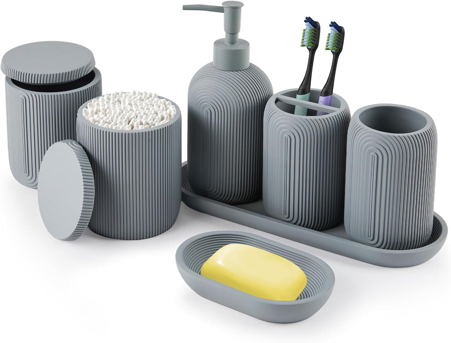 Bathroom Accessories Set - 7-Piece Resin Bathroom Set, Toothbrush Holders Set, Soap Dispenser, Qtip Holder Dispenser, Tumbler, Soap Dish & Tray, Modern Bath Decor for Home Dorm Hotel (Grey)