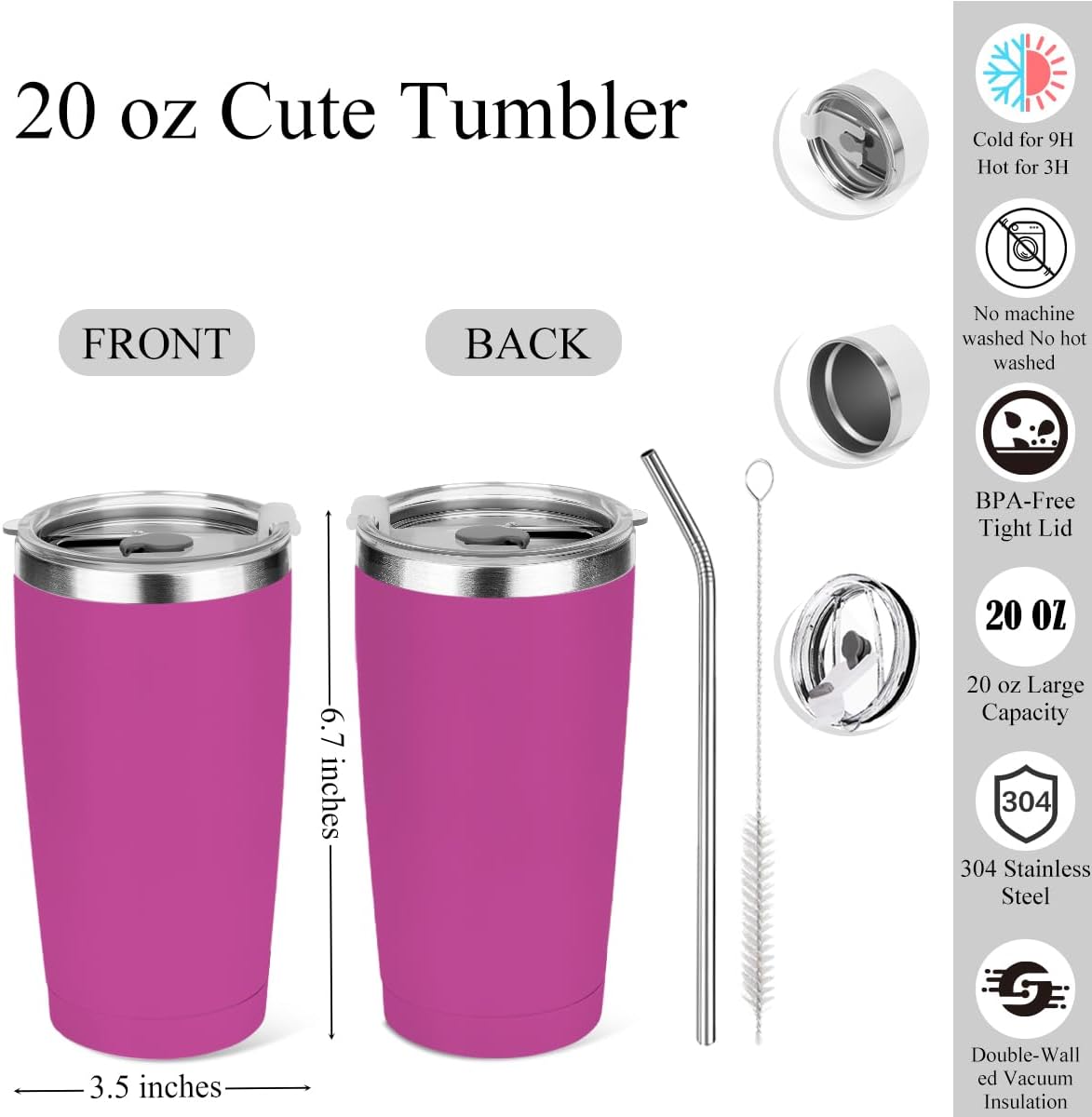 20 oz Insulated Tumbler, Tumbler with Lid Straw, Insulated Travel Coffee Mug Stainless Steel Cup for Cold Hot Drink Gift for Women Friend Girls Colleague Christmas Birthday Friendship (Rose Pink )
