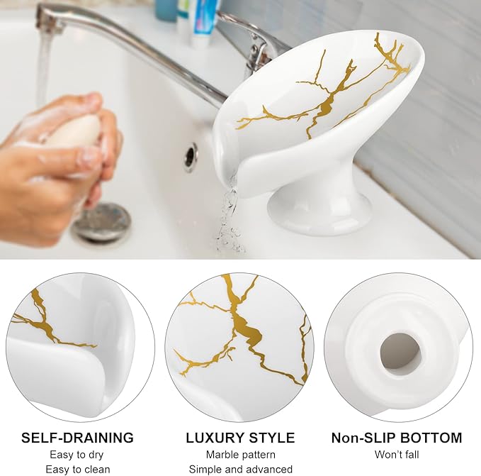 Soap Dish for Shower Ceramic Soap Holder Self Draining Leaf Shape Bar Soap Tray, Marble Pattern White Drain Soap Dish Holder for Bathroom,Easy Cleaning Keep Soap Dry