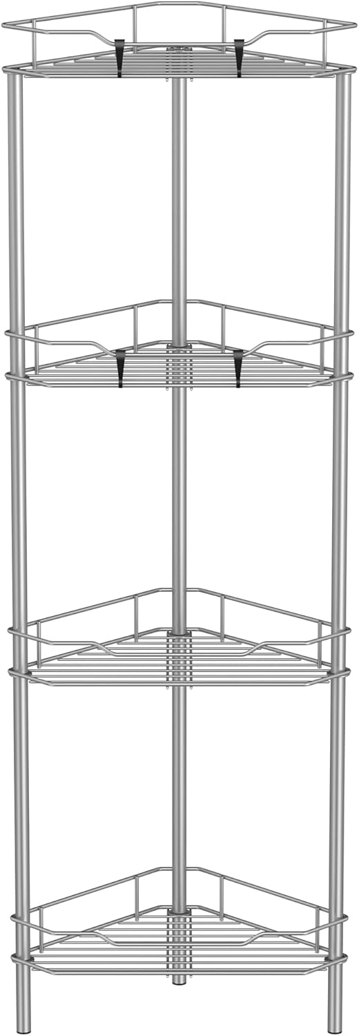 4 Tier Floor Standing Corner Shower Caddy Organizer Shelf with Hooks, Bathroom Shelves Stand Rack, Gray