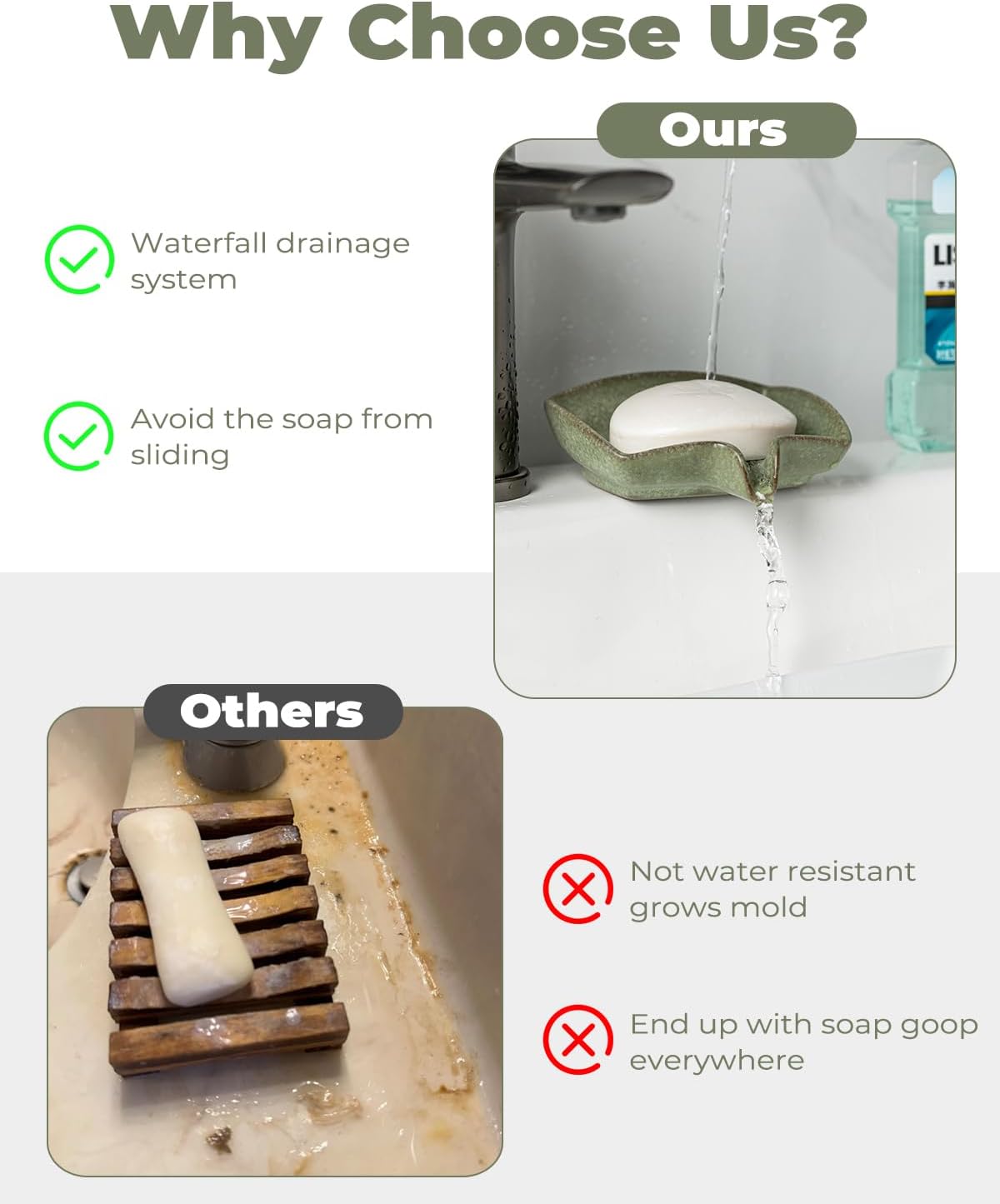 Self Draining Soap Dish, Ceramic Drain Soap Holder Waterfall Design Soap Saver for Shower, Bathroom, Sink, Kitchen and Countertop, Keeps Dry, Green