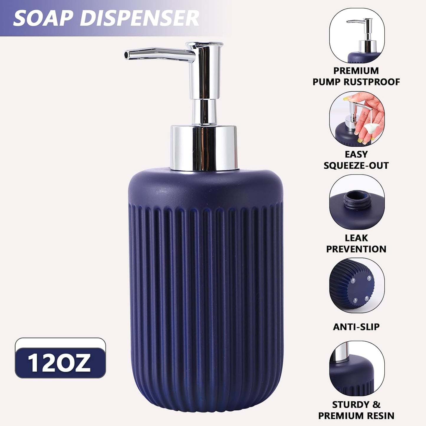 Resin Navy Blue Bathroom Accessories Set 5 Pcs, Lotion Soap Dispenser, Toothbrush Holder, Bathroom Tumbler, Qtip Holder and Vanity Tray, Bathroom Countertop Organizer Set for Modern Apartment