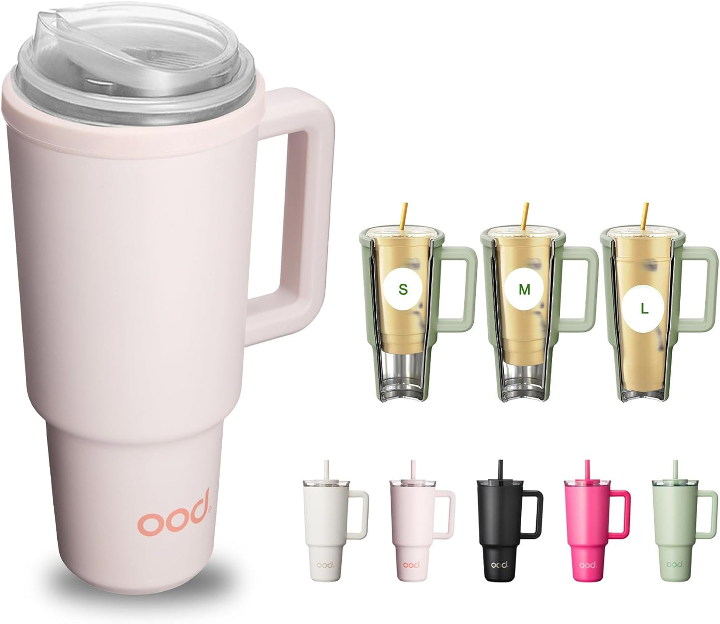 OOD OniVerso 40 oz Stainless Steel Insulated Tumbler with Handle and Straw, Iced Coffee Cup Holder for Disposable Cups, Leak Proof Tumbler, Downtown Blush (Light Pink)