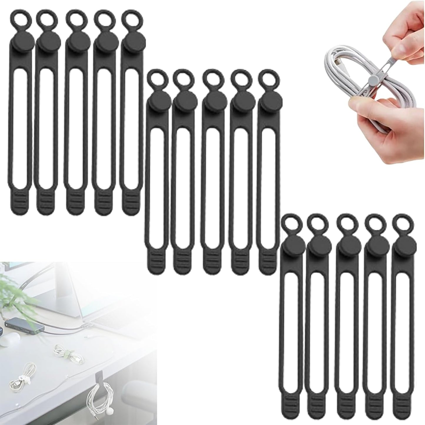 Silicone Cable Ties, 2024 New Data Cable Organizer Silicone Cable Ties Reusable Cable Management Organizer Multipurpose Cable Management for Travel/Portable/Office/Home Desk (Black, 15 Pcs)