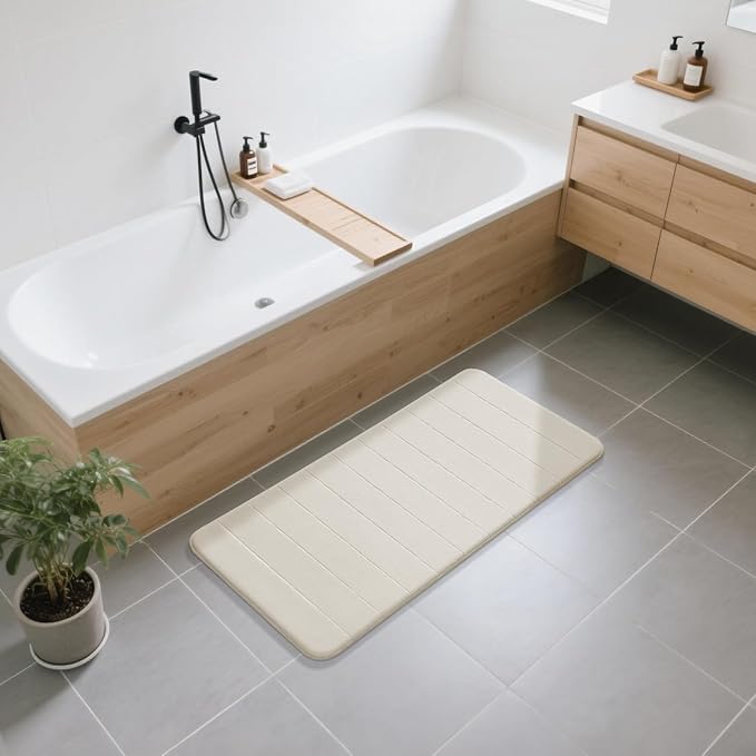 Yimobra Long Bath Mat 44"x24", Super Soft Quick Dry Memory Foam Bathroom Rug, Water Absorbent, Non Slip Backing Machine Washable for Tub Shower, Thick Comfort Support, Cream