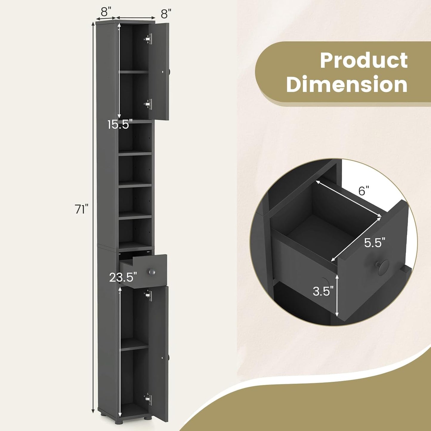 71" Tall Narrow Bathroom Storage Cabinet, Modern Skinny Toilet Paper Storage Organizer w/1 Drawer, 2 Doors & 5 Adjustable Shelves, Slim Tower Floor Cabinets for Small Spaces
