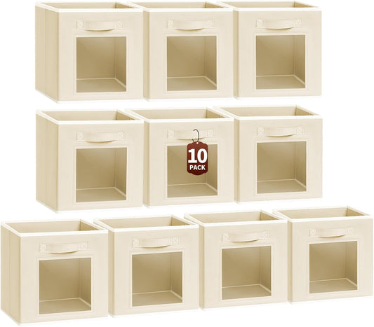 Foldable Storage Cubes - Cubby Storage Organizer with Window, Decorative Baskets for Organizing, 11 Inch Fabric Cube Shelf Bins, Set of 10, Beige