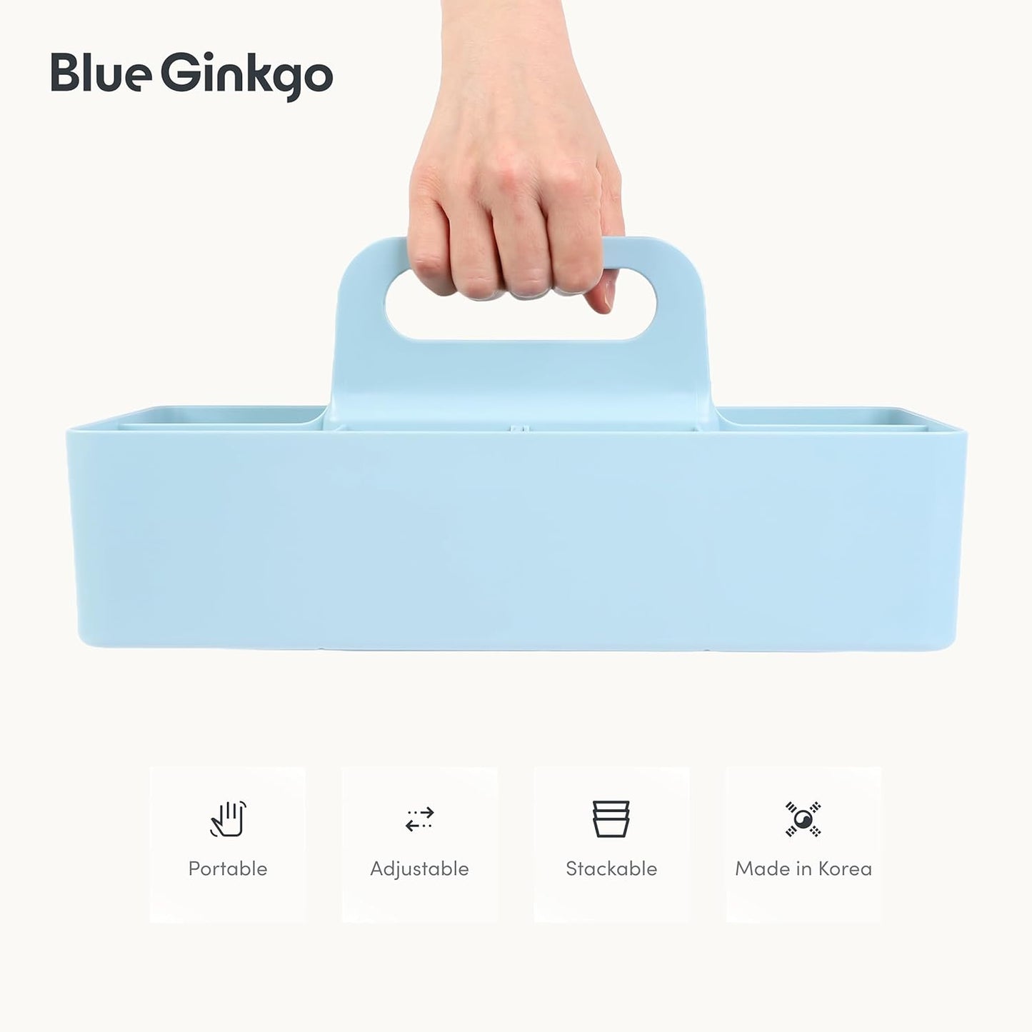 BLUE GINKGO Stackable Organizer Caddy – Korean-Made Portable Tote for Bathroom, Office, Crafts, or School Supplies (Long Rectangle, Blue)