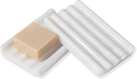 2PCS Koville African Natural Marble Soap Dish for Shower, Stone Soap Tray for Bathroom, Bar Soap Holder for Sink, Stripe Grooves Saver Keep Bars Dry Easy Clean (Namib Bianco)