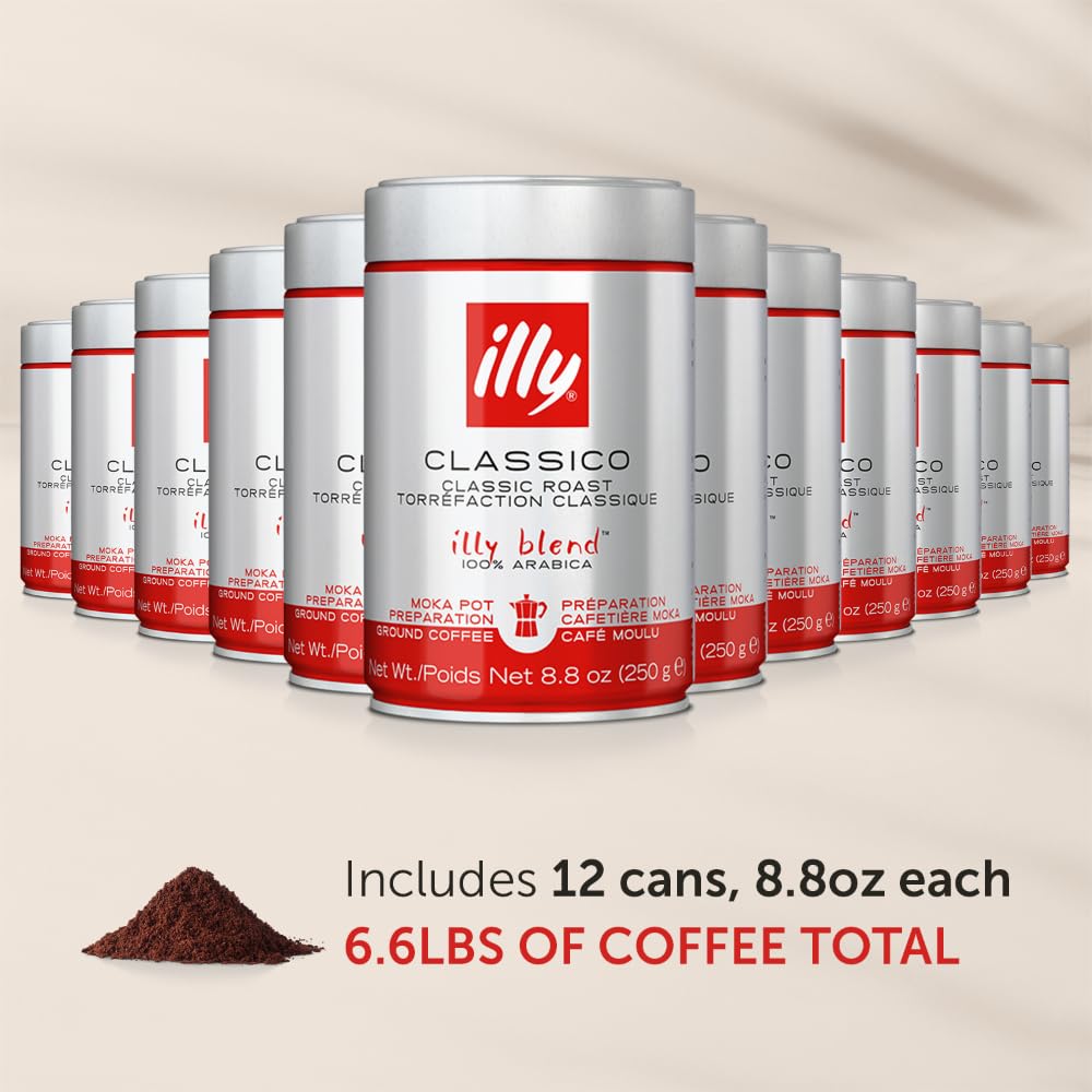 illy Ground Coffee Moka - 100% Arabica Beans - Rich Aromatic – Classico Medium Roast - Notes of Caramel, Orange Blossom & Jasmine - No Preservatives – 8.8 Ounce, 12 Pack