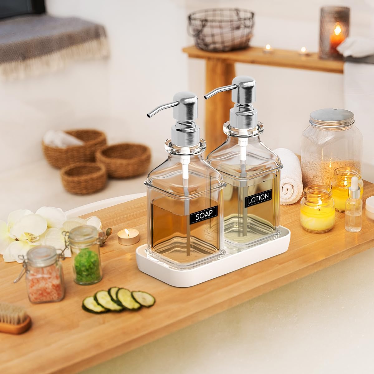 Soap Dispenser - 2 Pack, Antique Design Thick Glass Hand Soap Dispensers with Sturdy Tray; 304 Rust Proof Stainless Steel Silver Pump, 12Pcs Stickers, for Kitchen, Bathroom