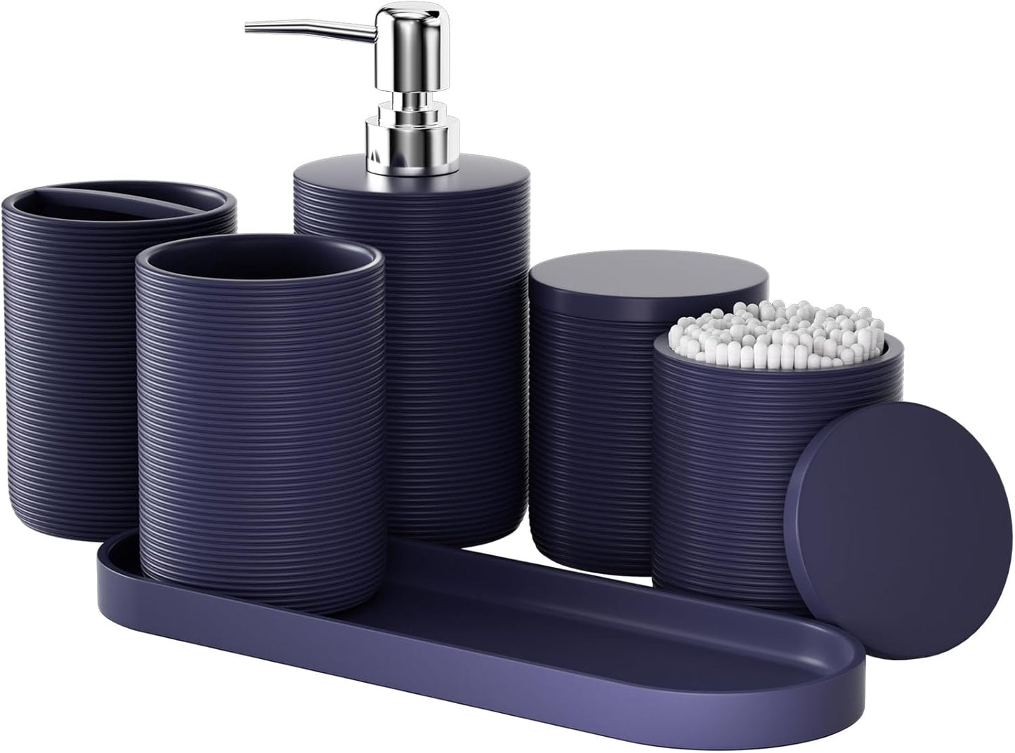 6-Piece Bathroom Accessory Set Resin, Navy Blue Bath Accessories Complete with Toothbrush Holder, Lotion Soap Dispenser, 2 Qtip Holders,Vanity Tray,Bathroom Tumbler - Countertop Vanity Organizer