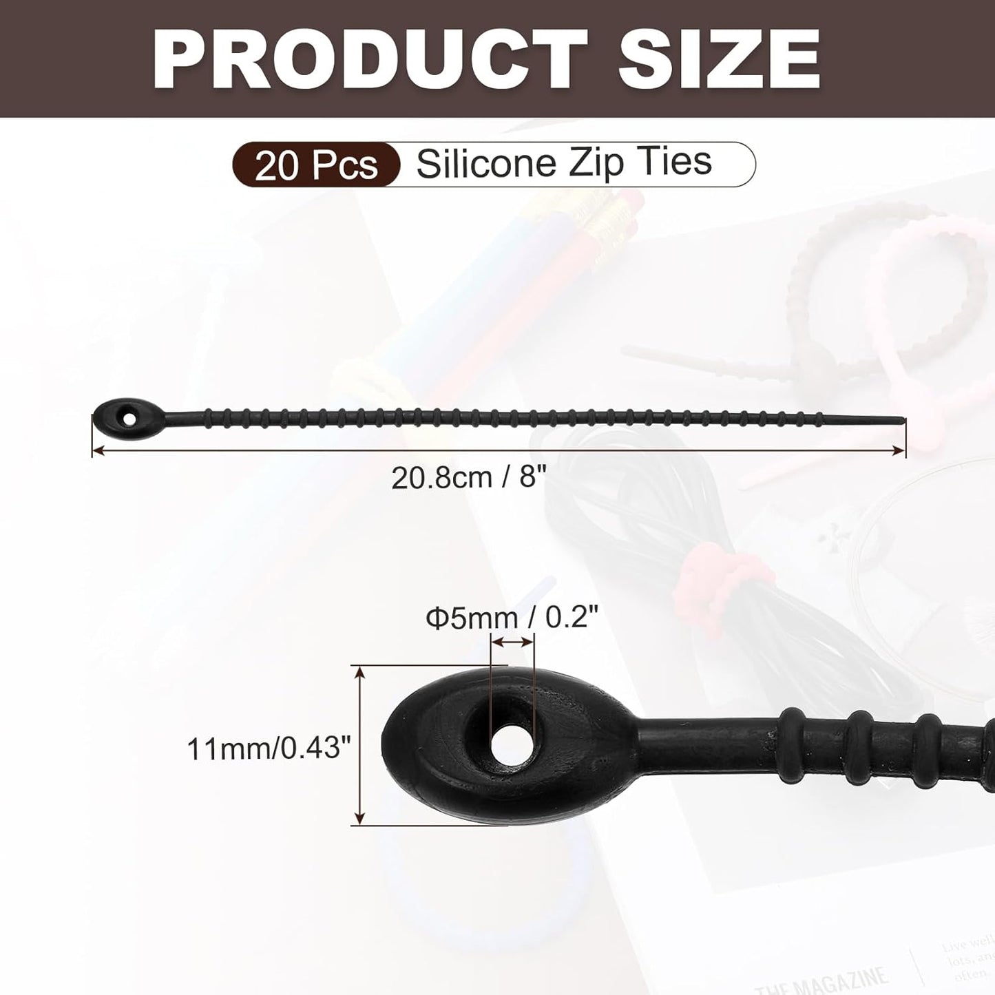 PATIKIL 8 Inch Silicone Cable Ties, 20pcs Rubber Reusable Twist Zip Ties Organizer for Home Office Kitchen Food bags Wires Adjustable Bag Clip, Black