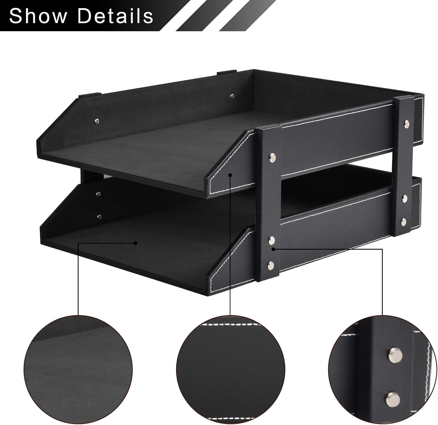 Leather Desk Organizer,2-Tier Stackable Letter Tray Holder,Office Supplies Desktop Storage Box for Document,Stationery,Magazines,Newspapers,Letters and Other Home Office Paper Sundries,Black