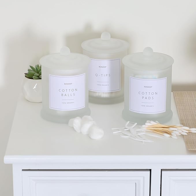 3 Pack Qtip Holder Dispenser, 16oz Bathroom Organizer and Storage Canisters, Glass Apothecary Jars with Lid - Home Decor, Room Decor Aesthetic (Frosted White)