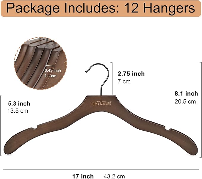 TOPIA HANGER Wooden Coat Hangers 12 Pack, Premium Wood Suit Sweater No Shoulder Bump Hangers, 360° Swivel Hook and Cut Notches Clothes Hangers for Sweater, Hoodie, Shirts, Jacket, Dress, Walnut CT84WA
