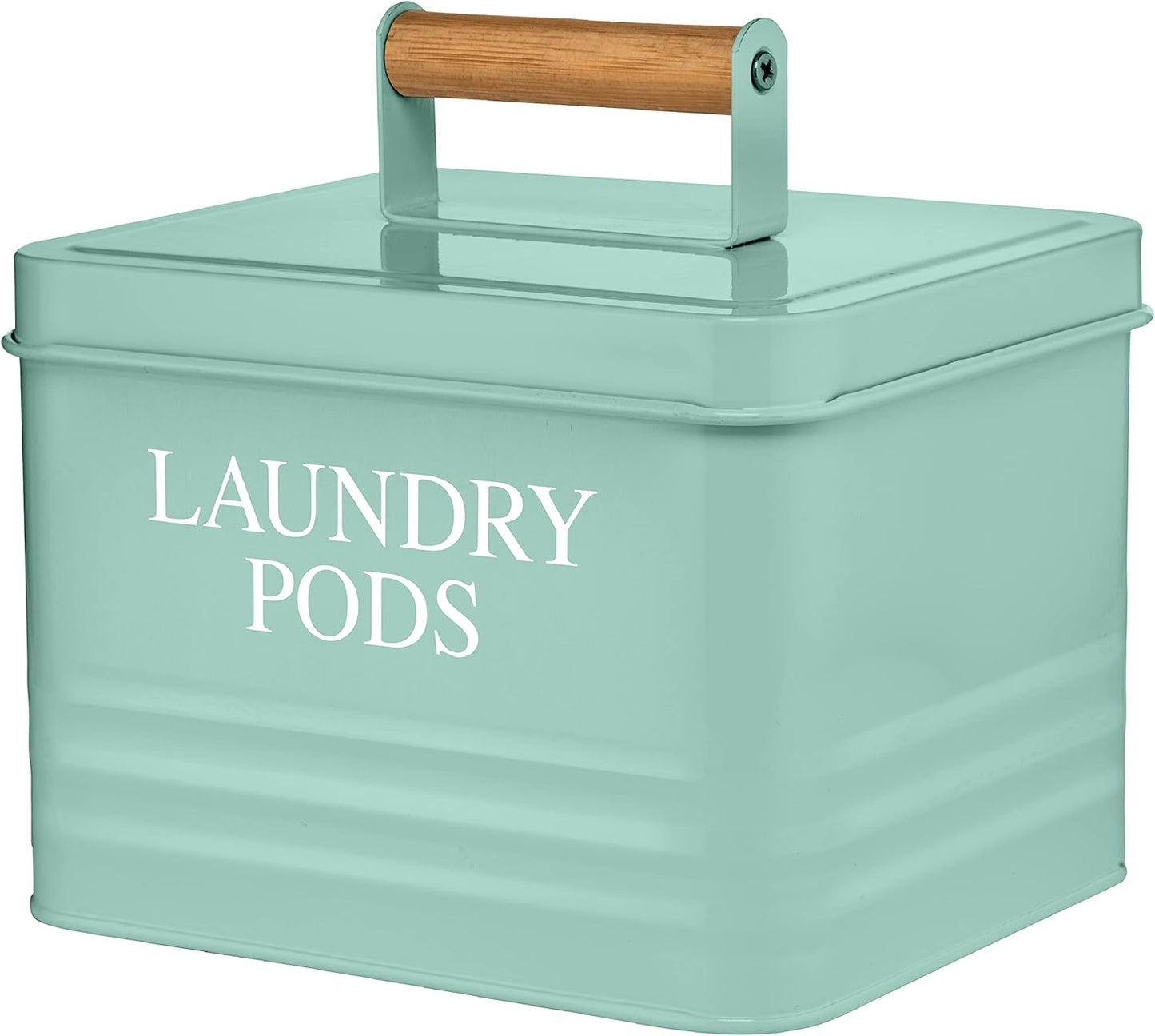 Calindiana Modern Farmhouse Metal Laundry Pods Holder Container with Lid for Laundry Room Decor and Accessories and Space Saving Organization and Storage, Holds 81 Laundry Pods, Mint