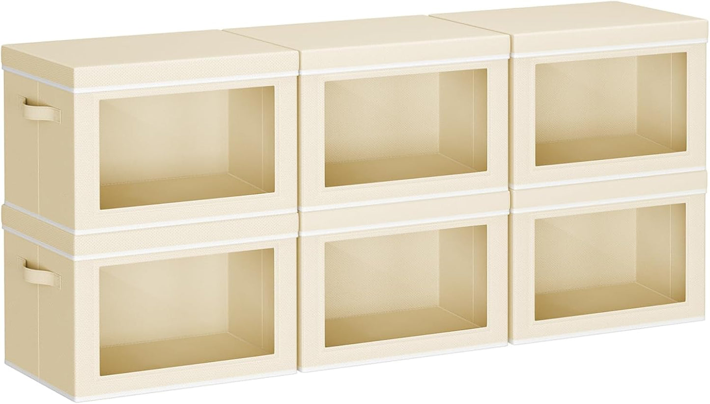Collapsible Storage Bins with Lids - Stackable Storage Containers with Window, 6 Pack Fabric Organizing Bins for Closet, Home & Office Organization Baskets, Beige, 14.9" x 9.8" x 9.8"