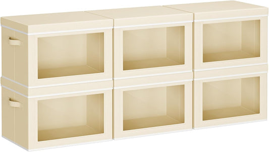 Collapsible Storage Bins with Lids - Stackable Storage Containers with Window, 6 Pack Fabric Organizing Bins for Closet, Home & Office Organization Baskets, Beige, 14.9" x 9.8" x 9.8"