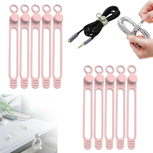 HISKI Silicone Cable Ties, Reusable Cable Management Organizer, Multipurpose Elastic Cord Organizer, Pink, 10 Pcs