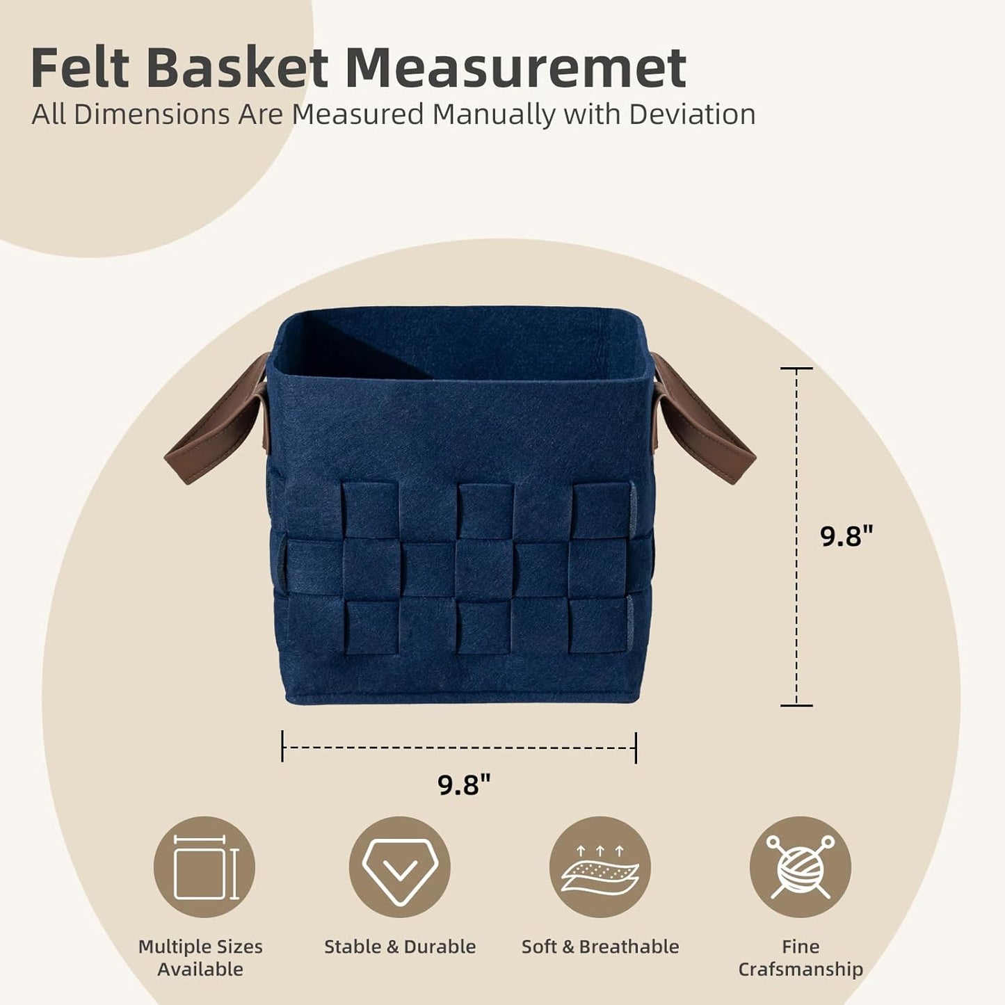 Bold monkey Storage Basket 3 Pack, Medium 10" x10" x10 " Baskets for Shelves with Leather Handle, Cube Felt Fabric Storage Box for Bedroom, Nursery, Living Room -Navy blue