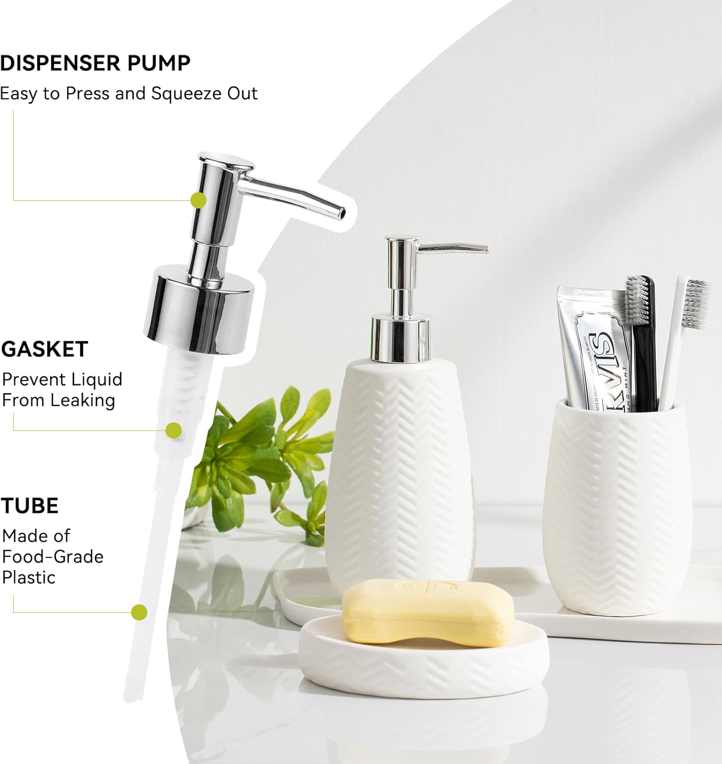 White Bathroom Accessories Set, 3pcs Ceramic Wave Design Farmhouse Decor, Complete countertop Bathroom Decor with soap Dispenser，Toothbrush Holder and soap Dish for Stylish Bathroom Organization