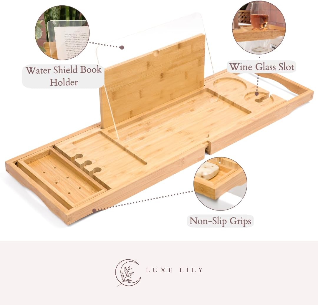 Waterproof Shield Keeps Your Book Open – Extendable Bamboo Bathtub Tray with Wine Glass Holder Protects from Drips and Splashes - Luxury Bath Tub Caddy Tray for Relaxing in The Bathtub
