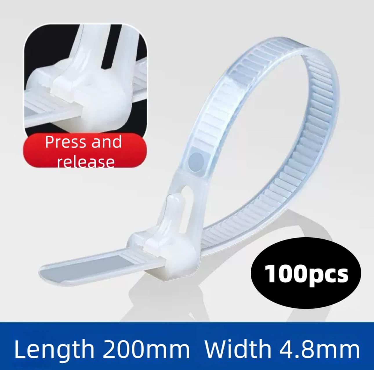 8 Inch 100 PCS White Releasable Cable Zipper Cable Ties,Adjustable Reusable 50 Lbs Tensile Strength Nylon Cable Ties，Suitable for multi-purpose plastic cable ties in homes, offices and workshops